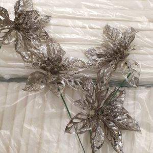 Silver Metallic Glitter FAUX POINSETTIA Christmas FLORAL 10 LOT / winter Wedding